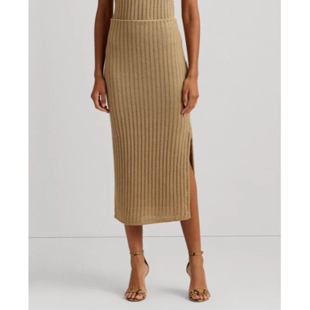 Lauren Ralph Lauren Midi Skirt Women's Beige Linen Rib Knit Pencil Size L NWT - Picture 2 of 12